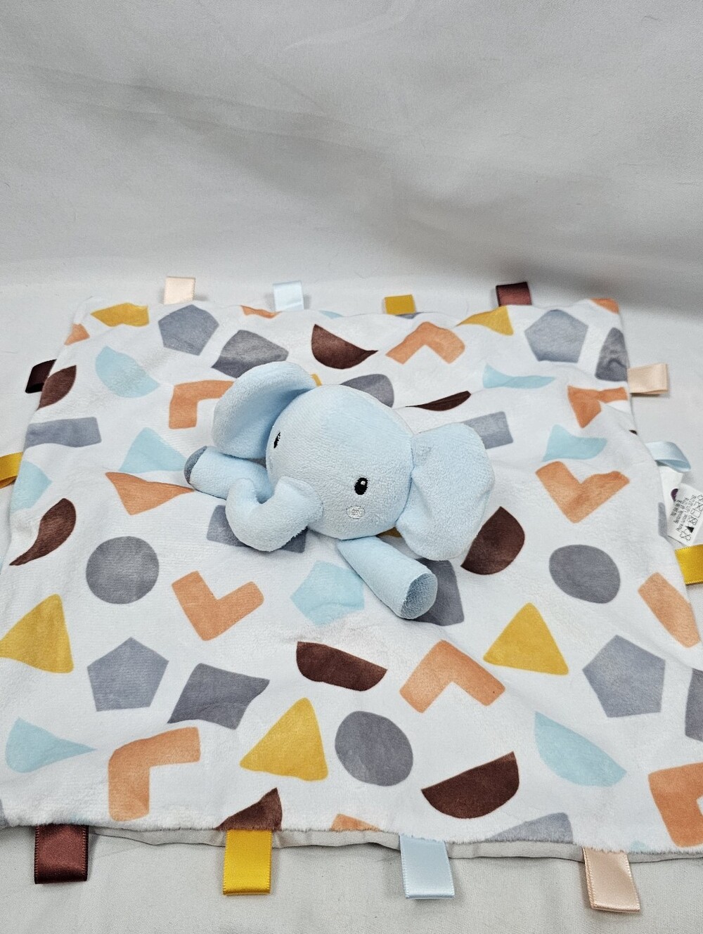 Parent's Choice Elephant Lovey Security Blanket Geometric Ribbon Tags 12x12 Blue